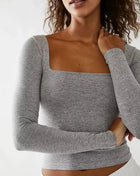 Square Neck Long Sleeve Shirt Light Gray Shirts Trendsi