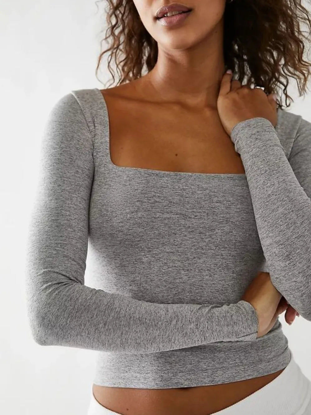 Square Neck Long Sleeve Shirt Light Gray Shirts Trendsi