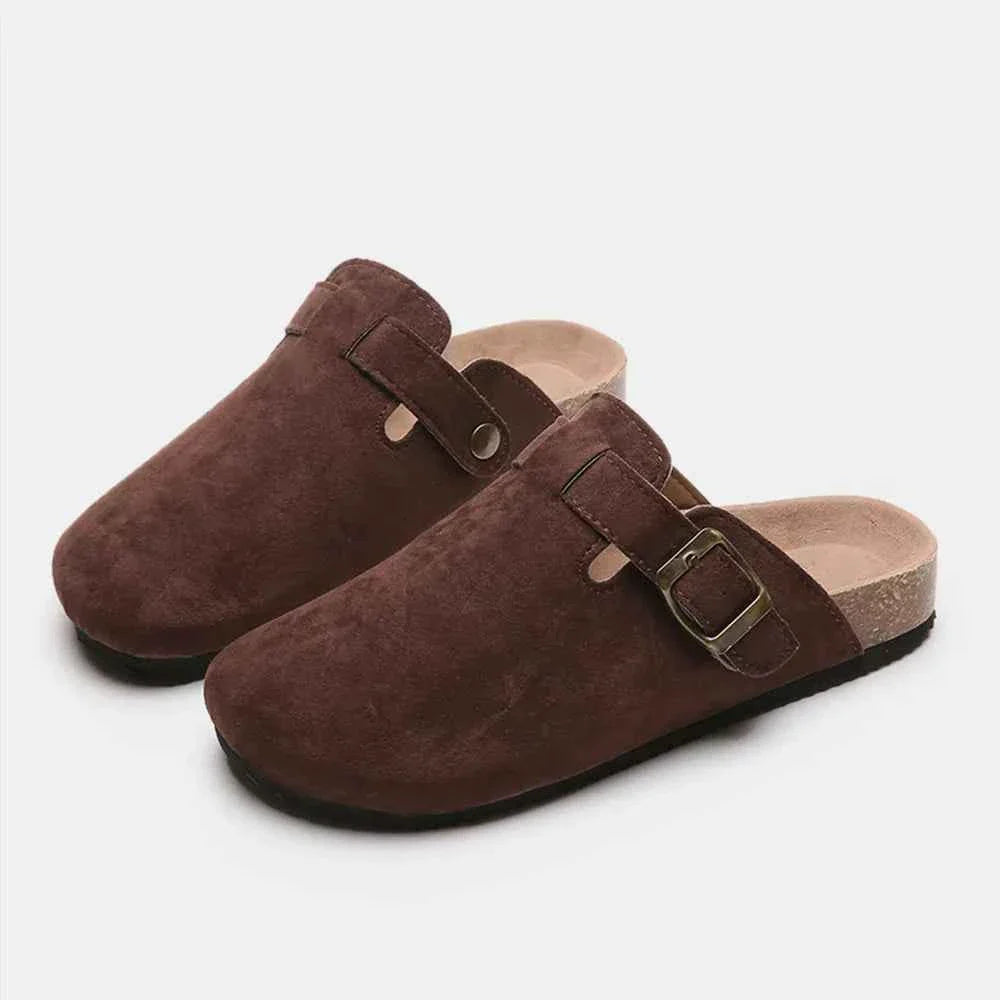 Flat Comfy Suede Buckle Clogs
