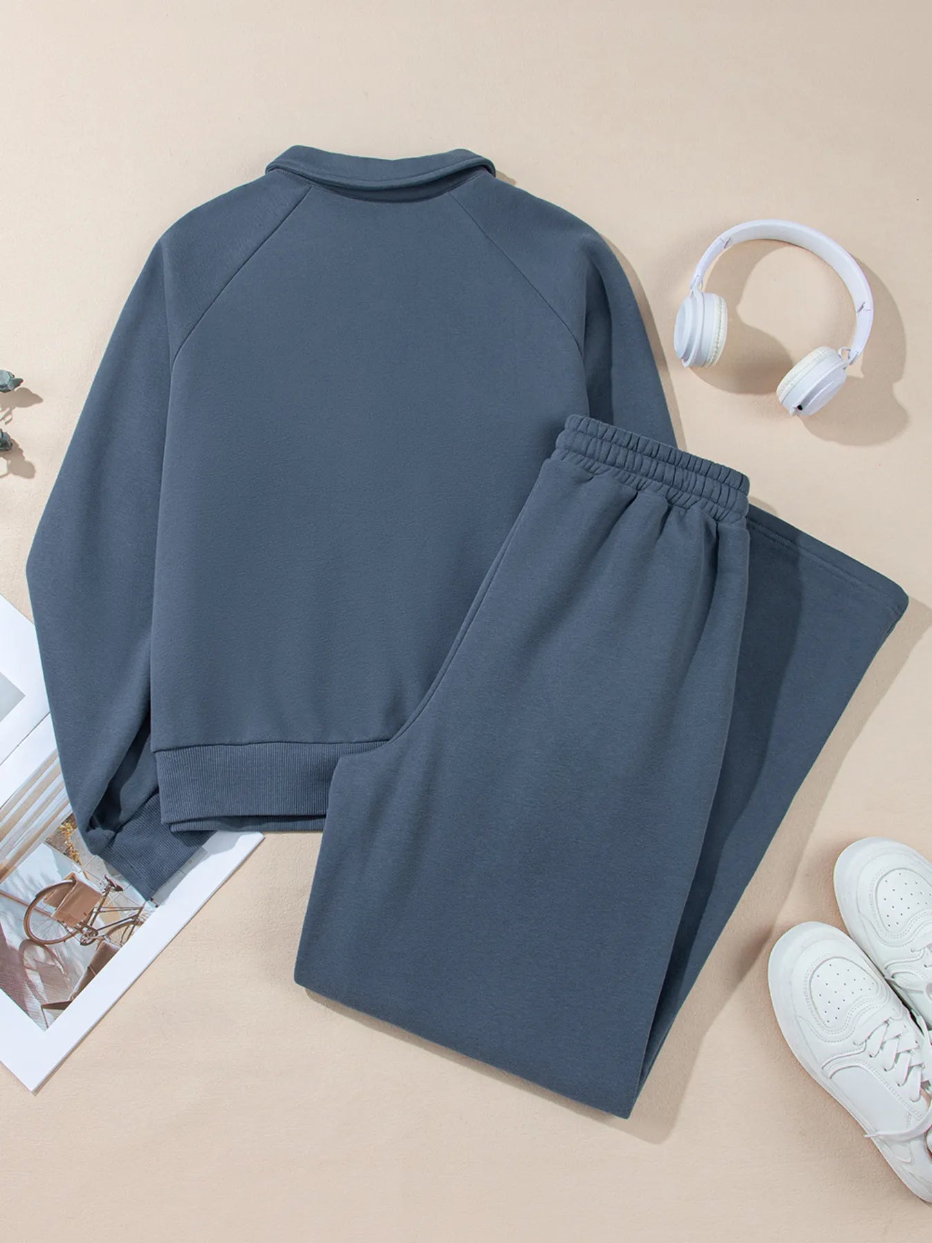 Cotton Blend Collared Sweatshirt Wide Leg Sweatpants Set Trendsi