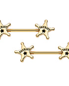 14G 5/8 Gold Plated Steel Sheriffs Badge Nipple Barbell Set