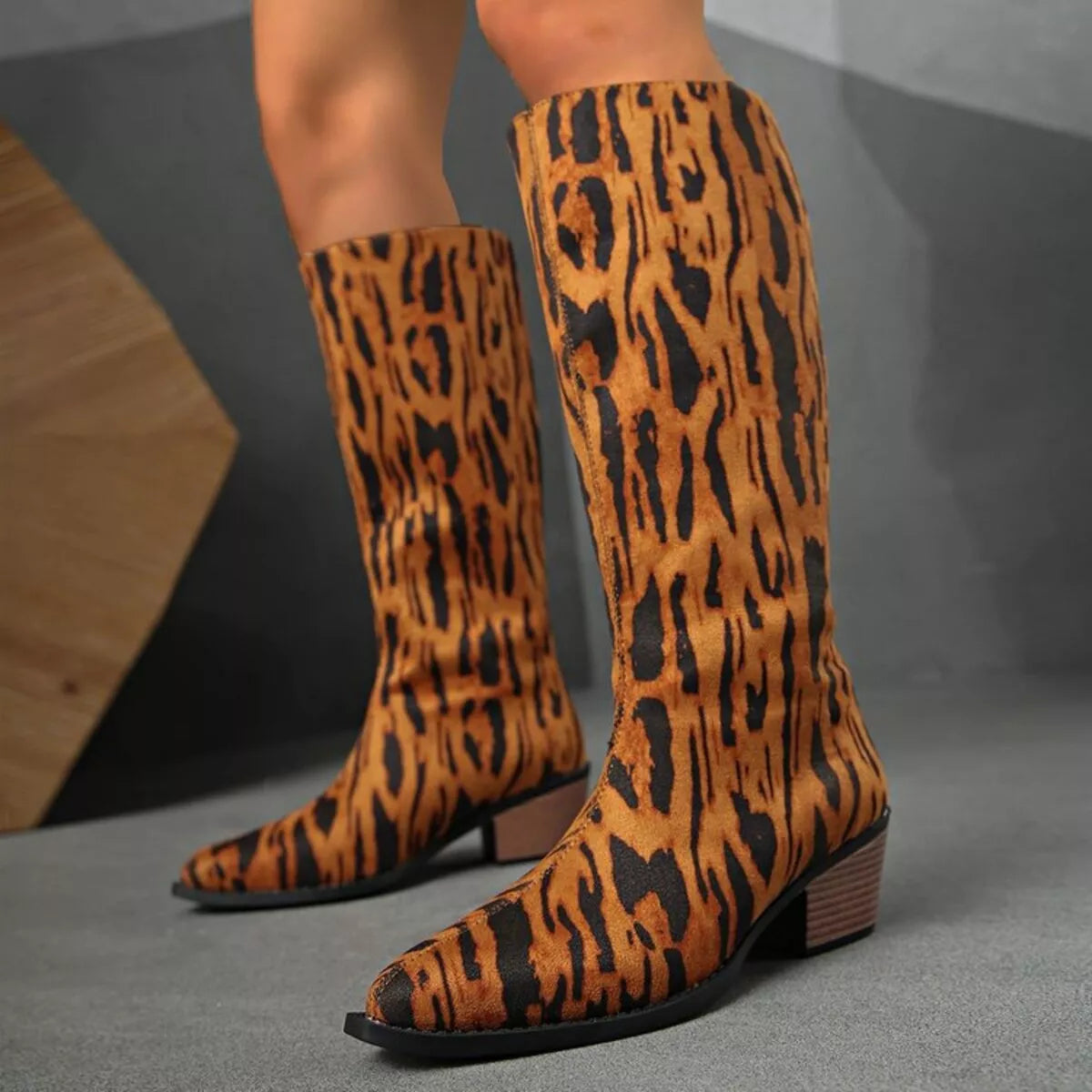 Leopard Print Point Toe Short Block Knee High Boots Shoes Trendsi