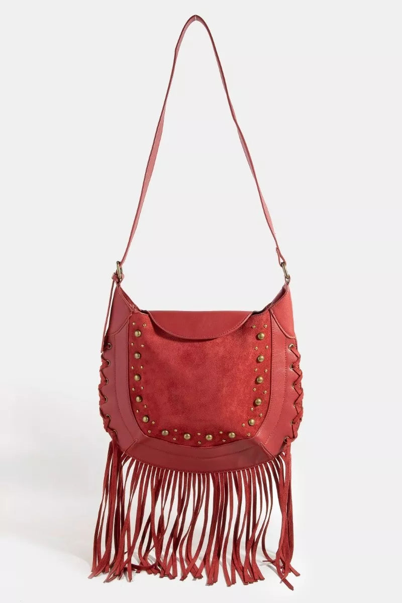Suede Fringe Trim Gold Studded Shoulder/Crossbody Boho Bag Red Bags Trendsi