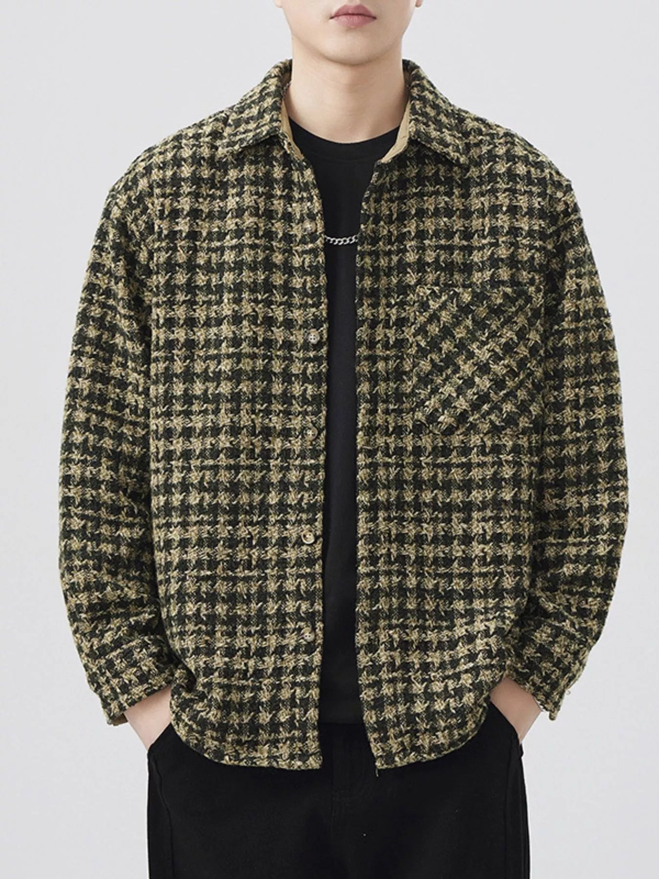 Mens Lattice Pattern Cotton Blend Shacket overshirt Trendsi