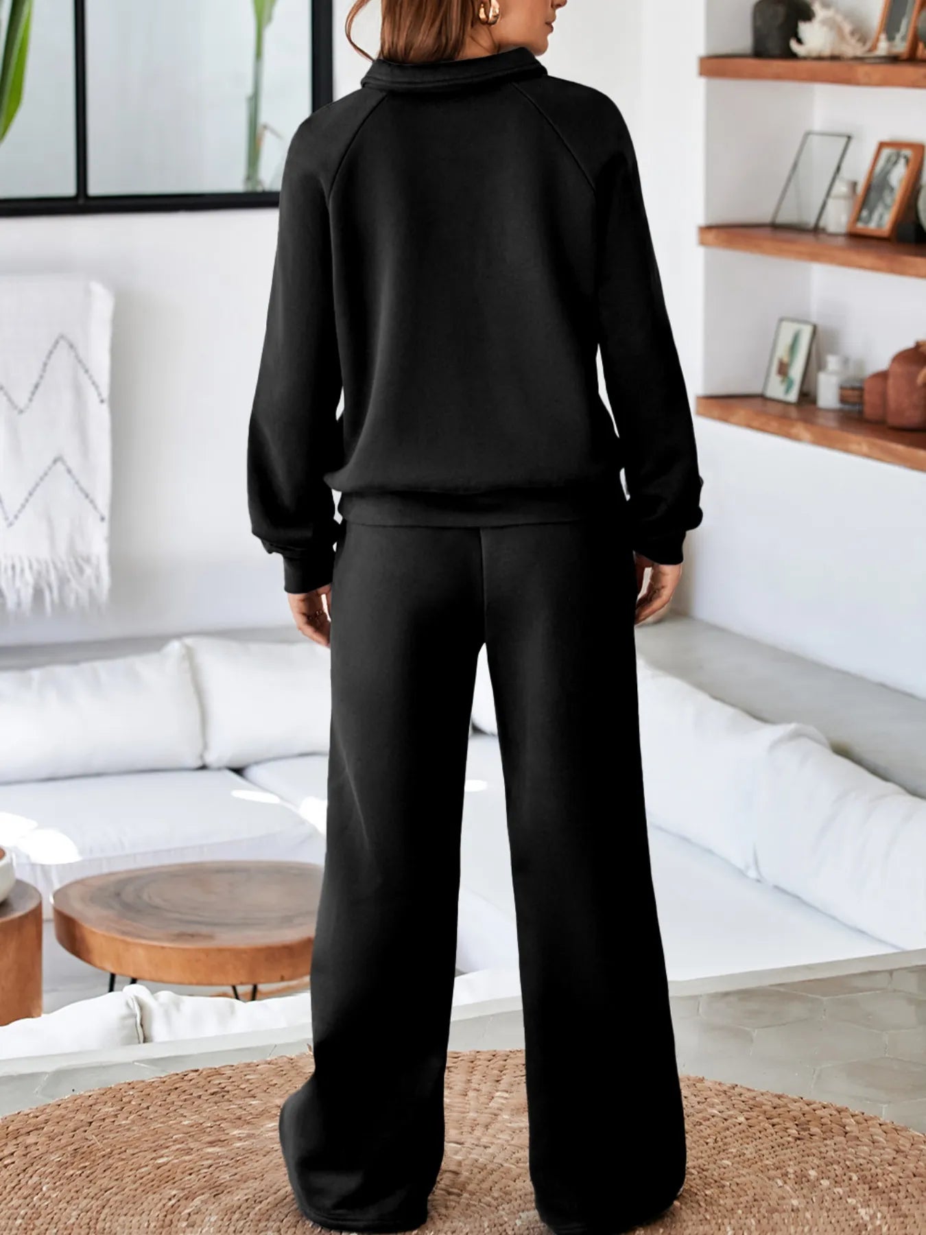 Cotton Blend Collared Sweatshirt Wide Leg Sweatpants Set Trendsi