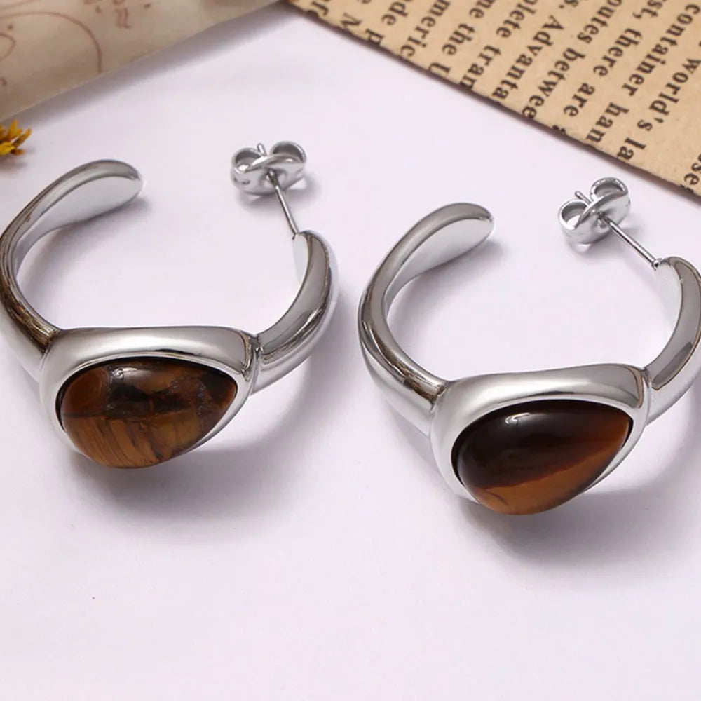 Natural Tiger's Eye Mini Hoop Earrings, 18k Gold Plated Earrings Trendsi