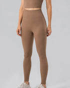 Lulu Dupe High Waist Wide Waistband Leggings (Nylon & Spandex) no front seam Camel Trendsi