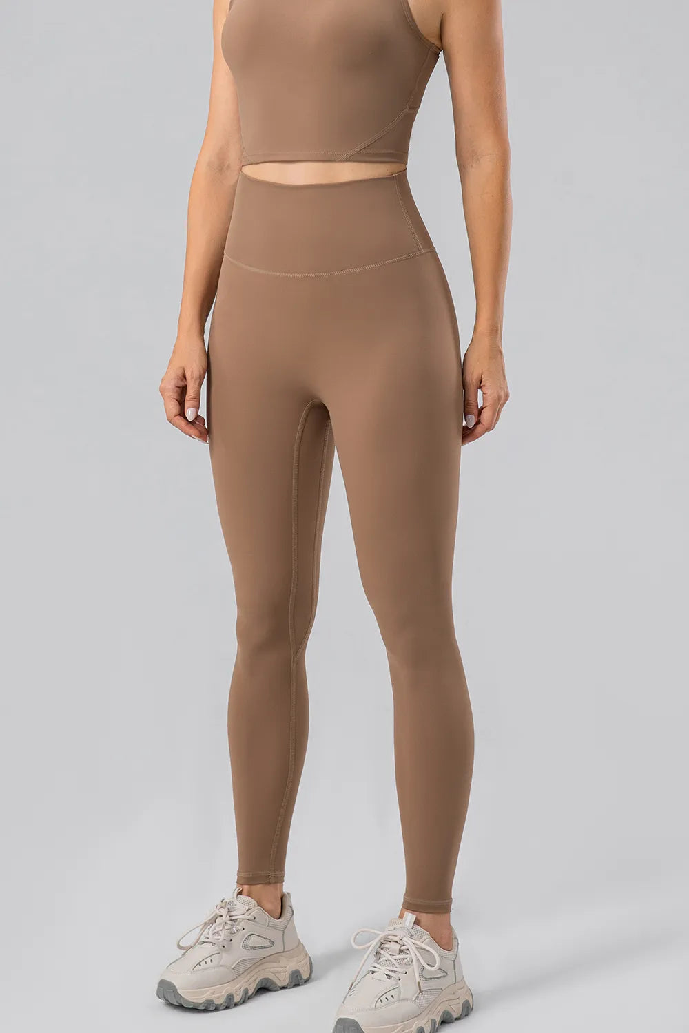 Lulu Dupe High Waist Wide Waistband Leggings (Nylon & Spandex) no front seam Camel Trendsi
