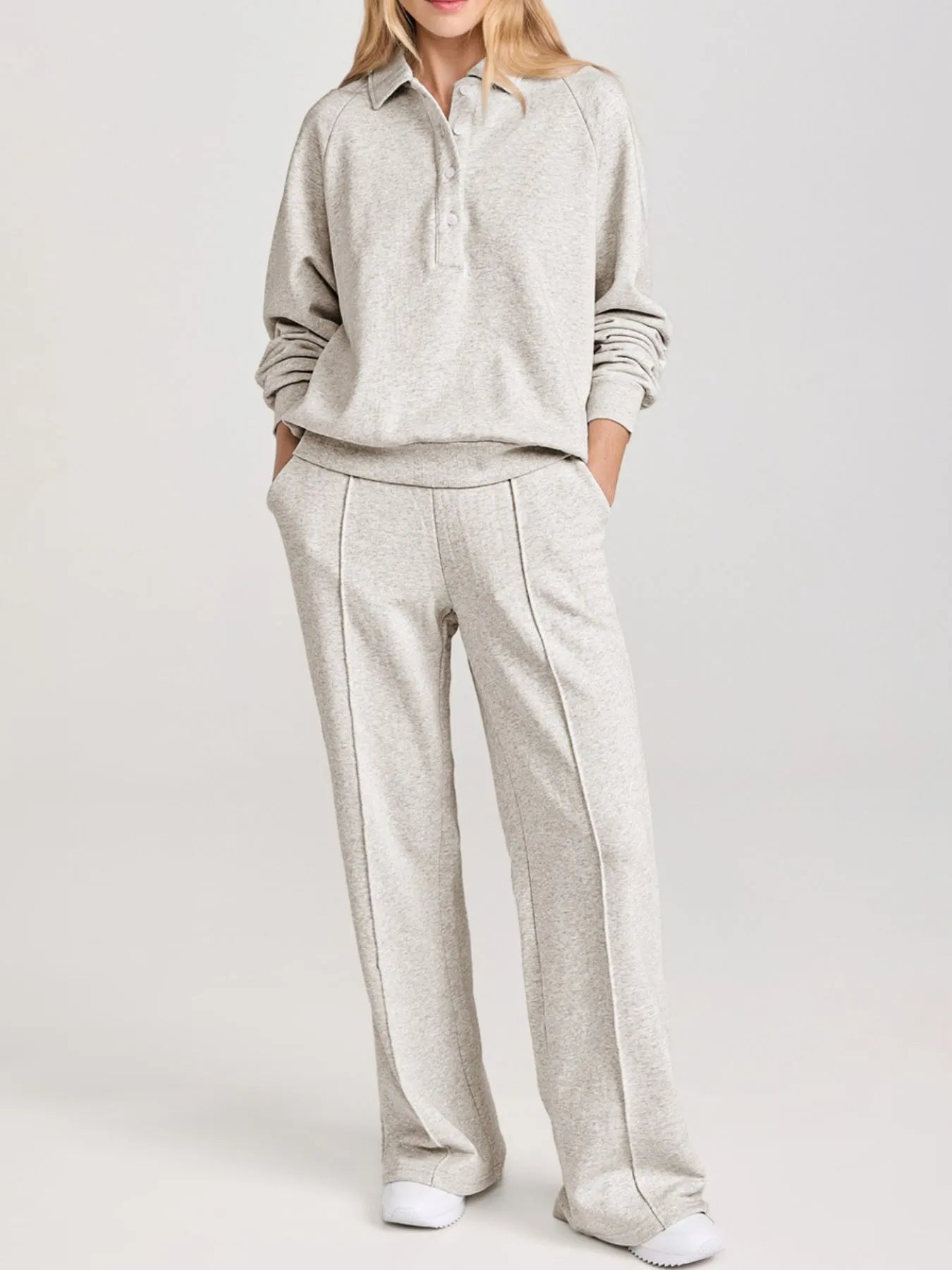 Cotton Blend Collared Sweatshirt Wide Leg Sweatpants Set Light Gray Trendsi