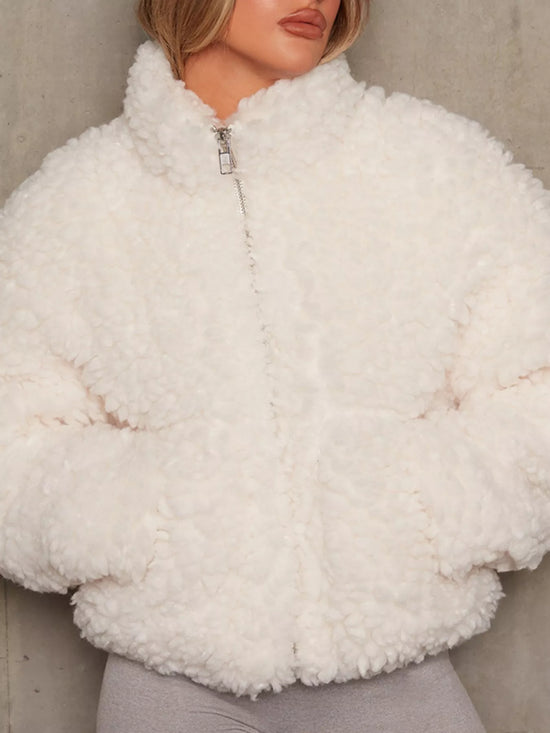 Cozy Zip Up Cropped Sherpa Jacket Gray white Trendsi