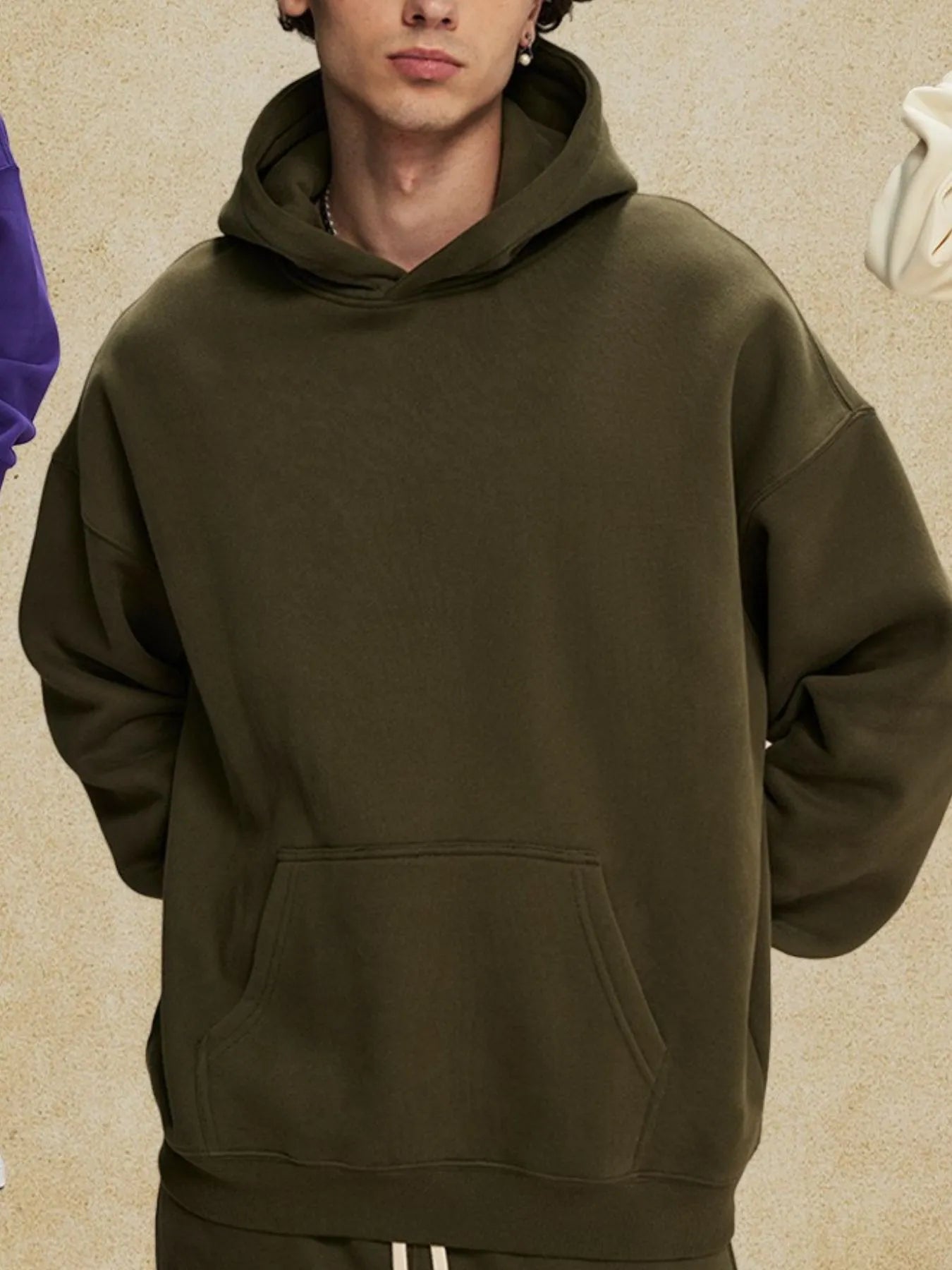 Mens Oversized Cotton Blend Pocket Hoodie Army Green Trendsi