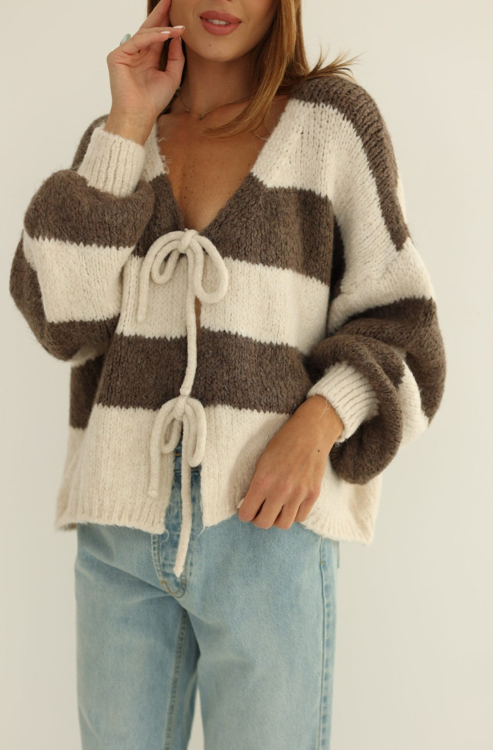 Coffee Striped Tie-Front Knit Cardigan cardigan Trendsi