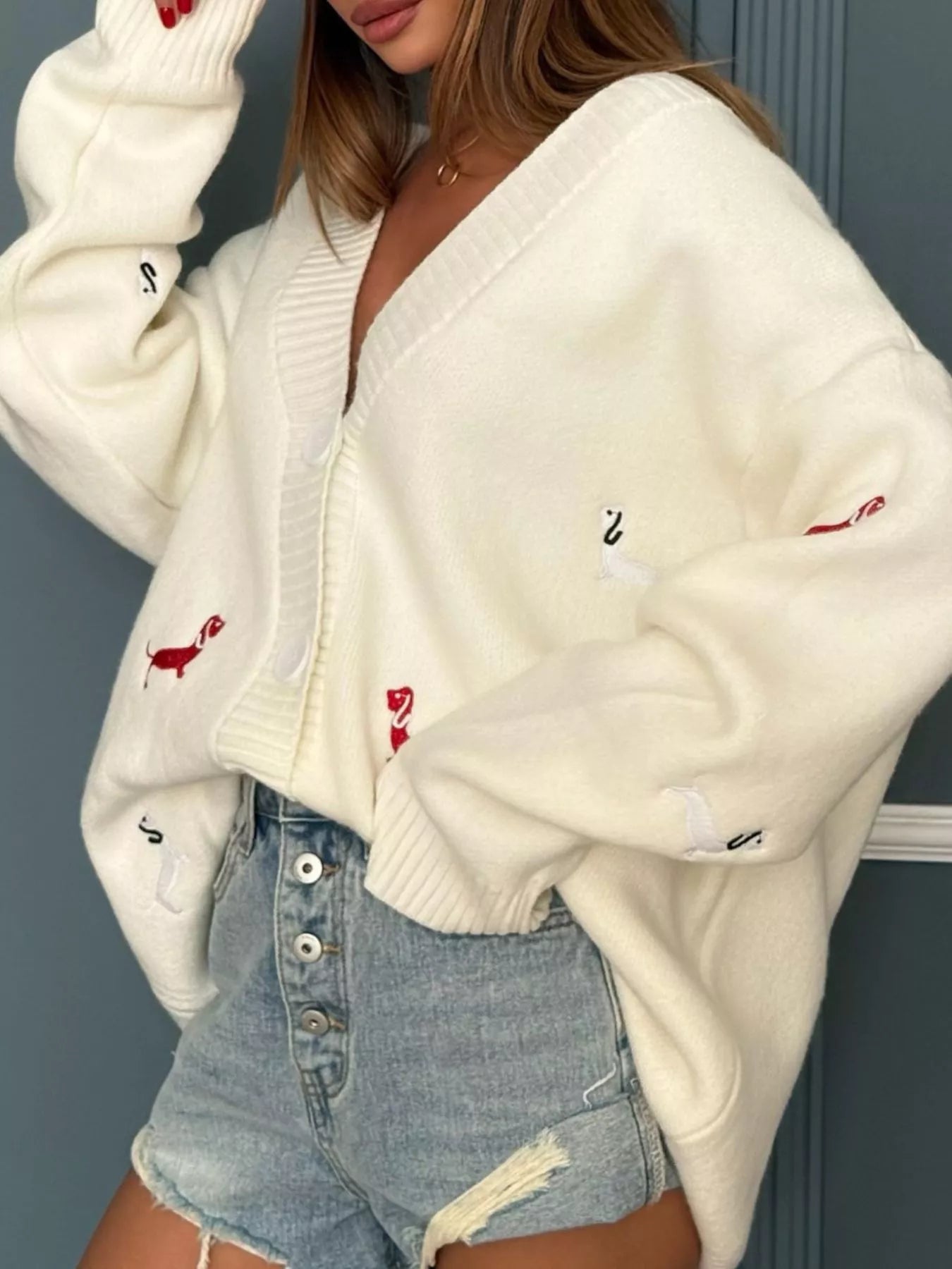 Embroidered Dachshund Button Up Cardigan Knitwear Trendsi