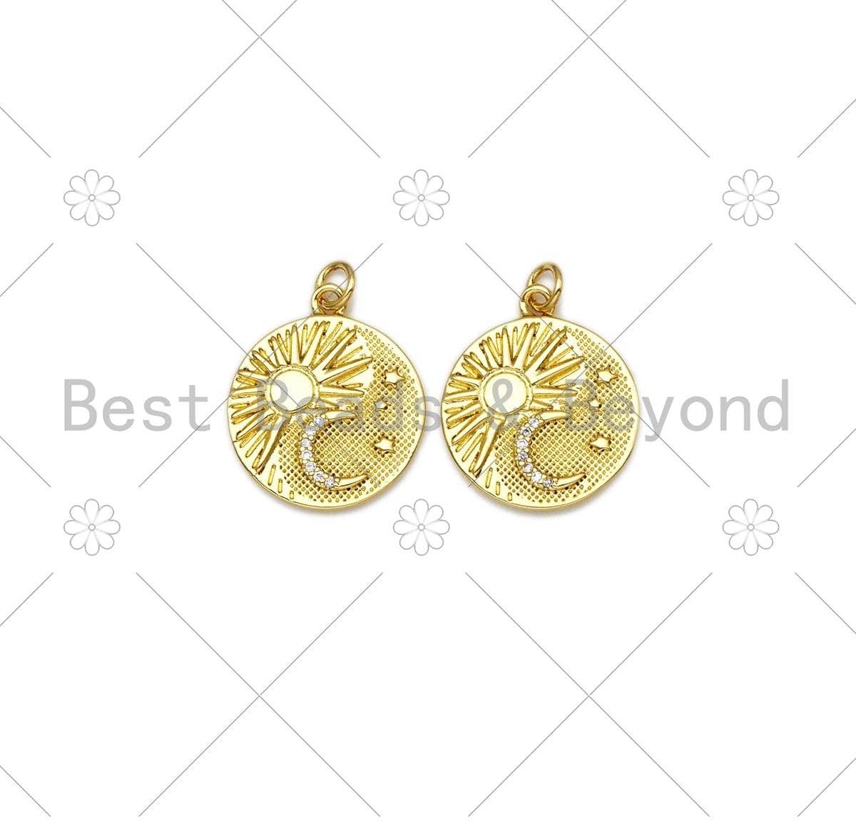 CZ Micro Pave Sun Cresent Moon Star On Round Coin Shape Pendant,18k Gold Filled Medallion Charm, Necklace Bracelet Pendant,18x21mm,Sku#Z1404