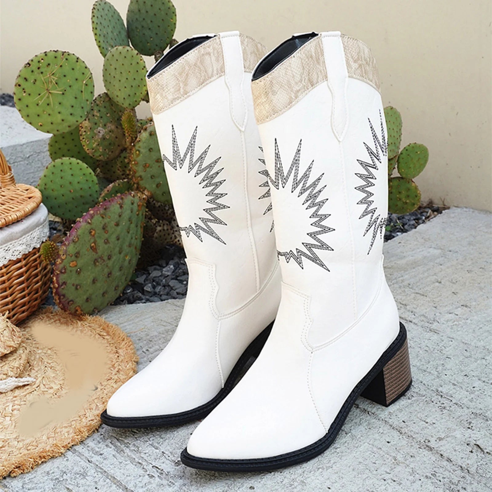 Point Toe Block Heels Western Boots (Camel/Black/White) Trendsi