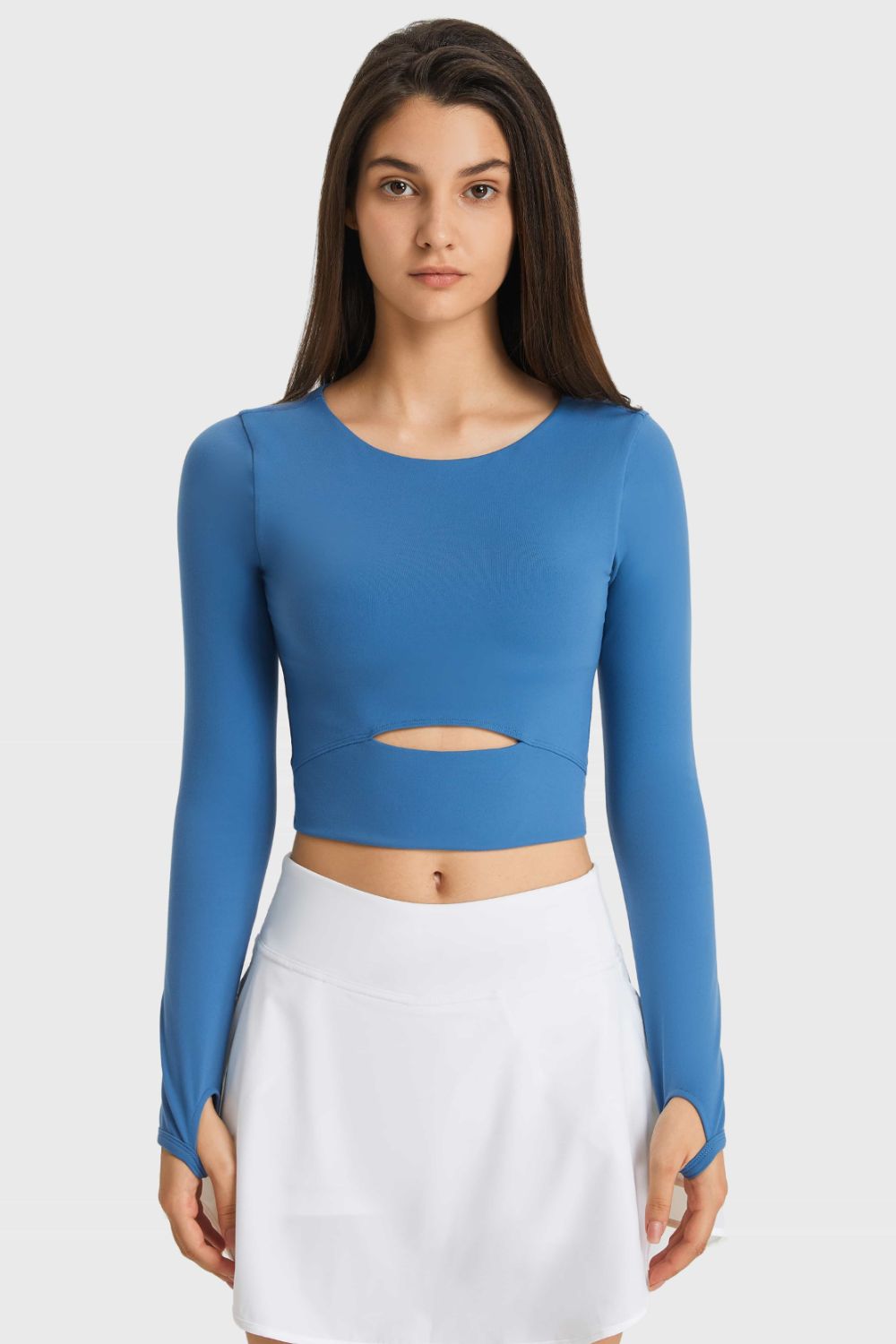 Millennia Cutout Long Sleeve Cropped Sports Top Blue Trendsi