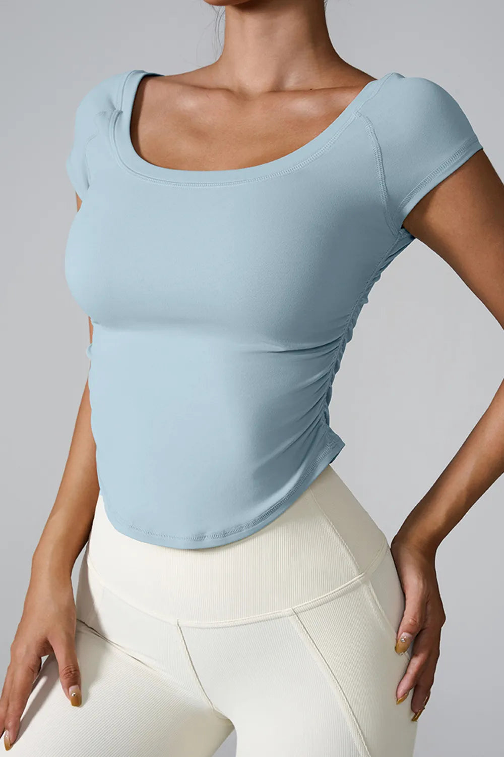 Round Neck Short Sleeve Active T-Shirt Light Blue Trendsi