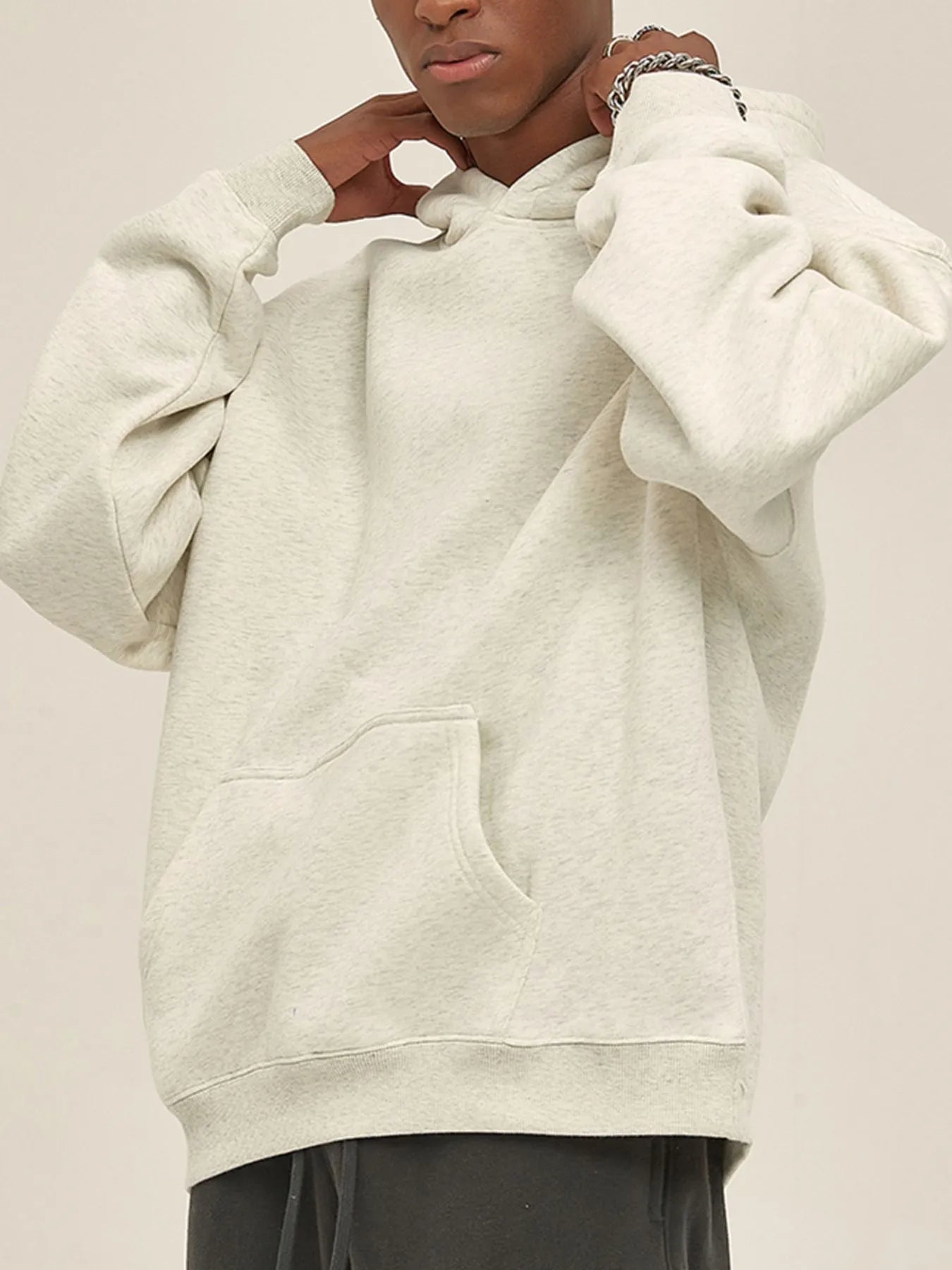 Mens Oversized Cotton Blend Pocket Hoodie Ivory Trendsi