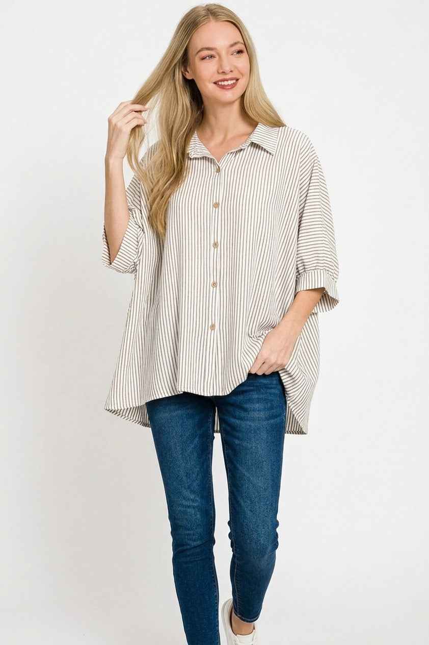 Zenana Woven Stripe Button Down Boxy Shirt Trendsi