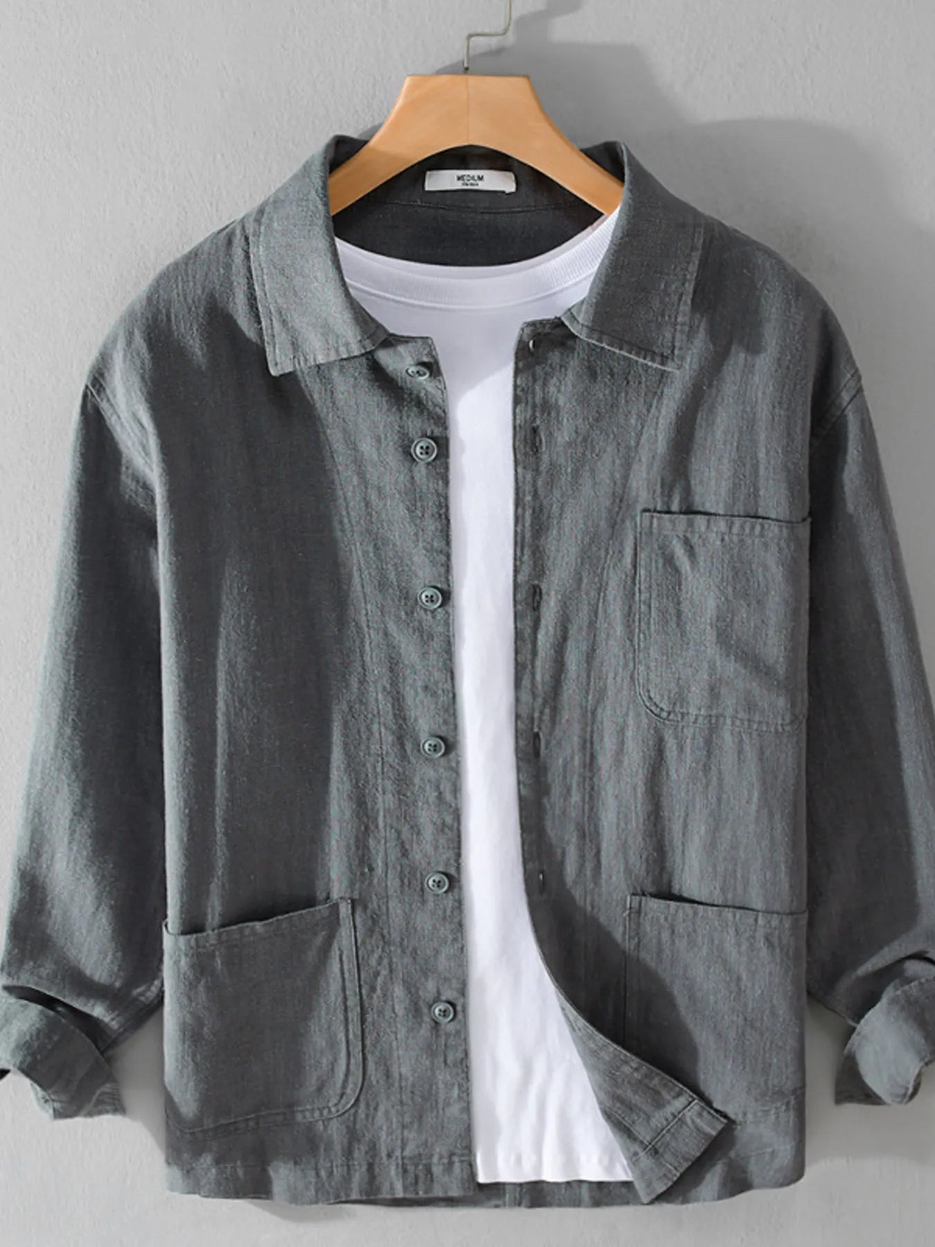 Mens Flax Blend Chest Pocket Button Up Gray Shirts Trendsi