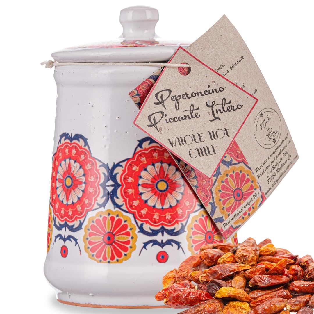 Artigiani dei Sapori, Dried Whole Hot Chili Peppers Ceramic Jar, 0.7oz (19g)