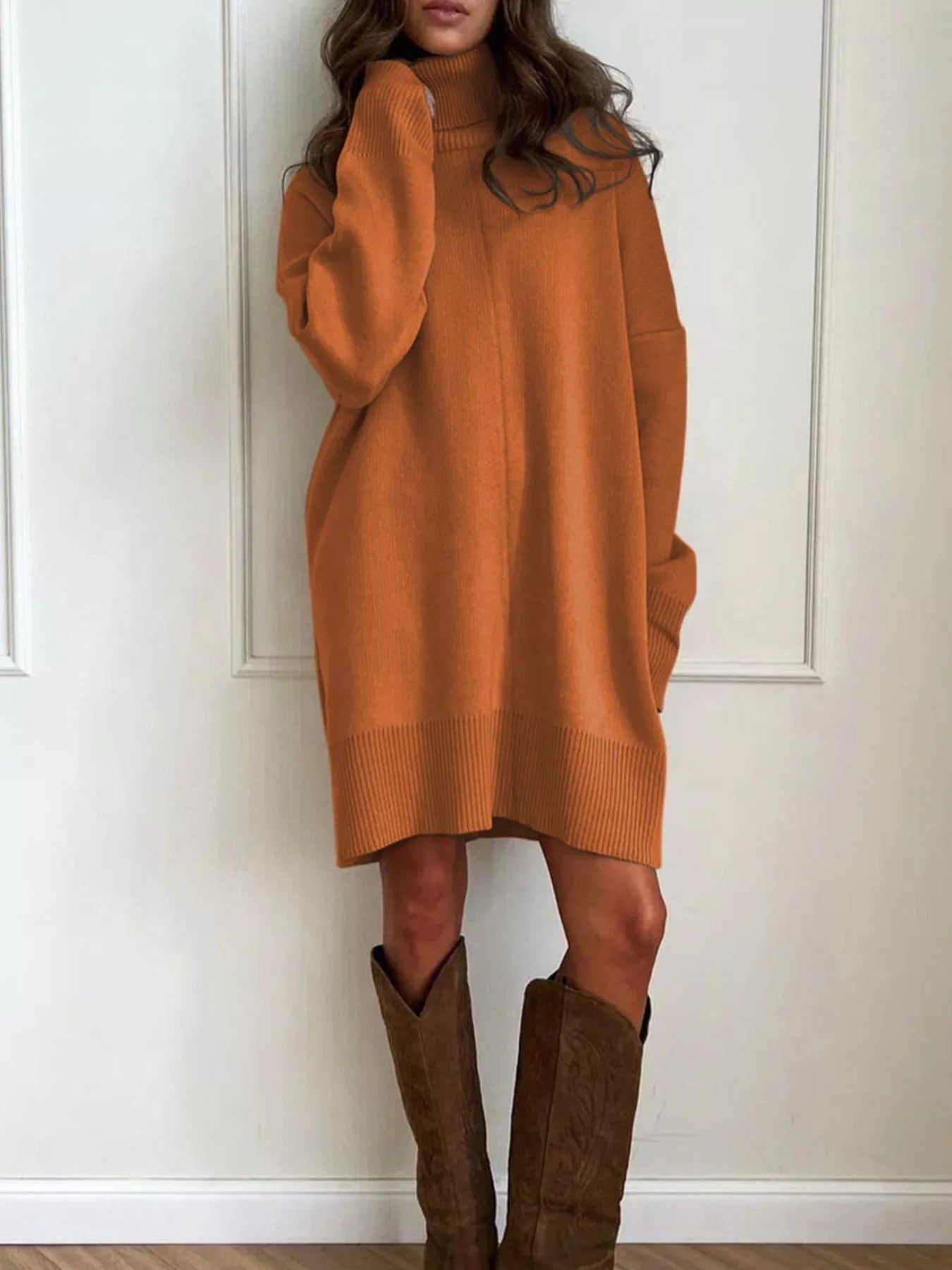Turtleneck Drop Shoulder Sweater Dress Caramel Dresses Trendsi