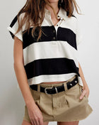 Striped Collared Neck Short Sleeve Top Black Trendsi