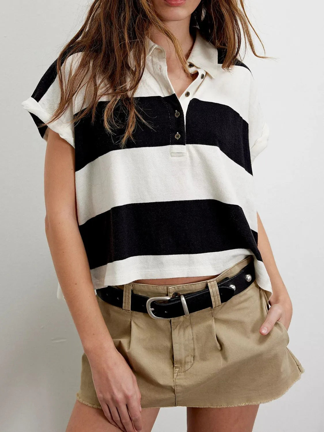 Striped Collared Neck Short Sleeve Top Black Trendsi