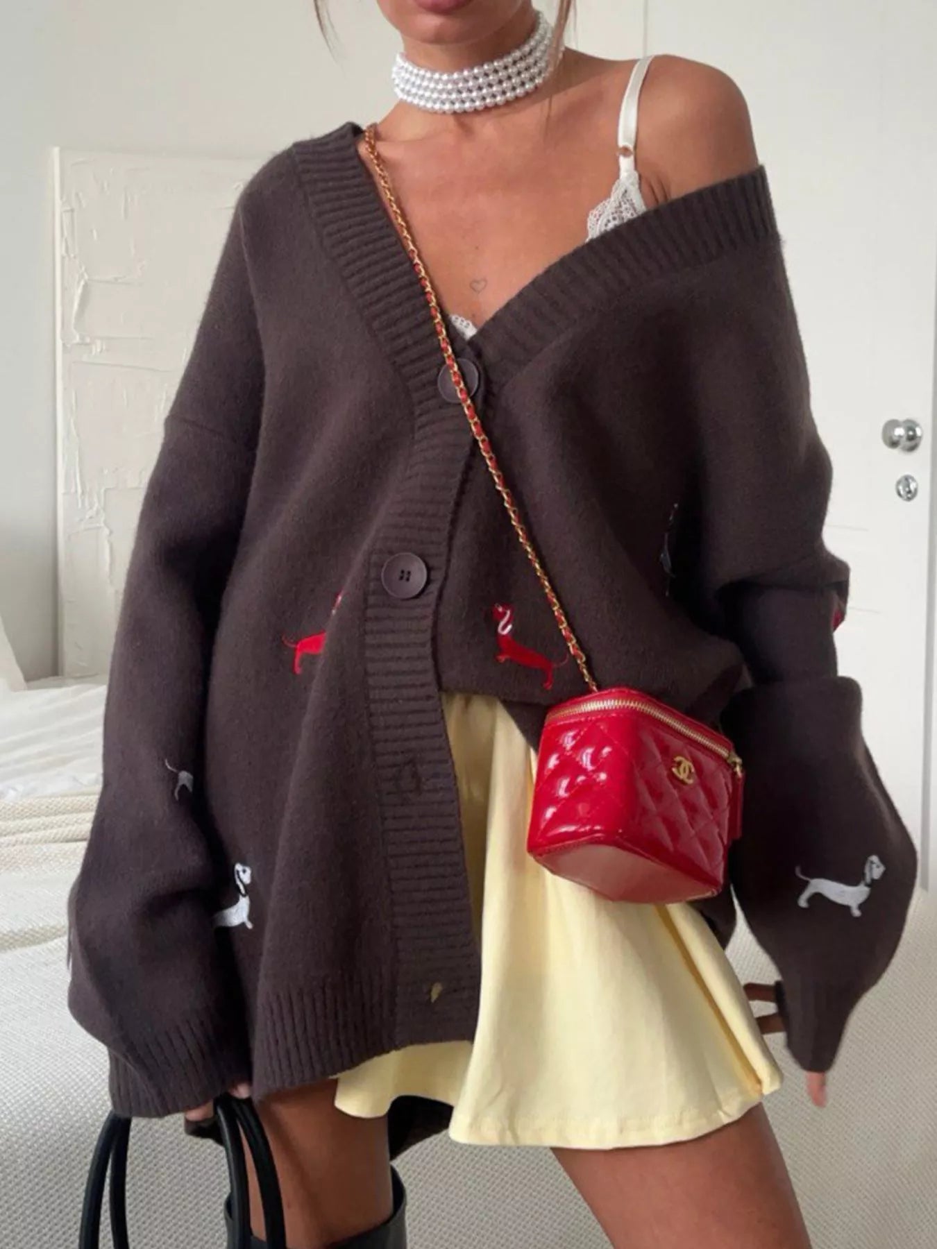 Embroidered Dachshund Button Up Cardigan Brown Knitwear Trendsi