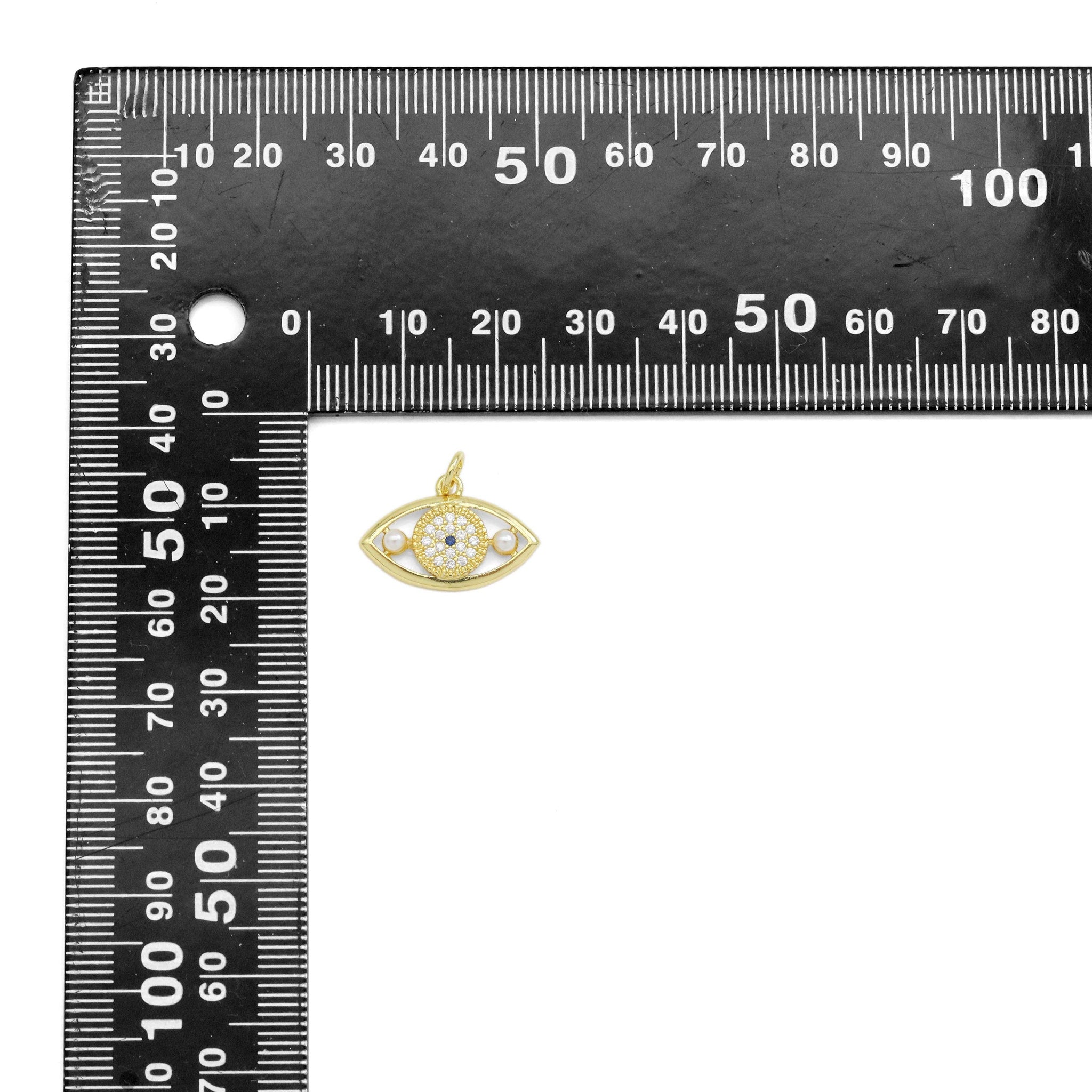 CZ White Pearl Gold Evil Eye Charm, Sku#Y935