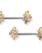14G 9/16 Aurora Gem Golden Crown Deluxe Barbell Nipple Ring Set