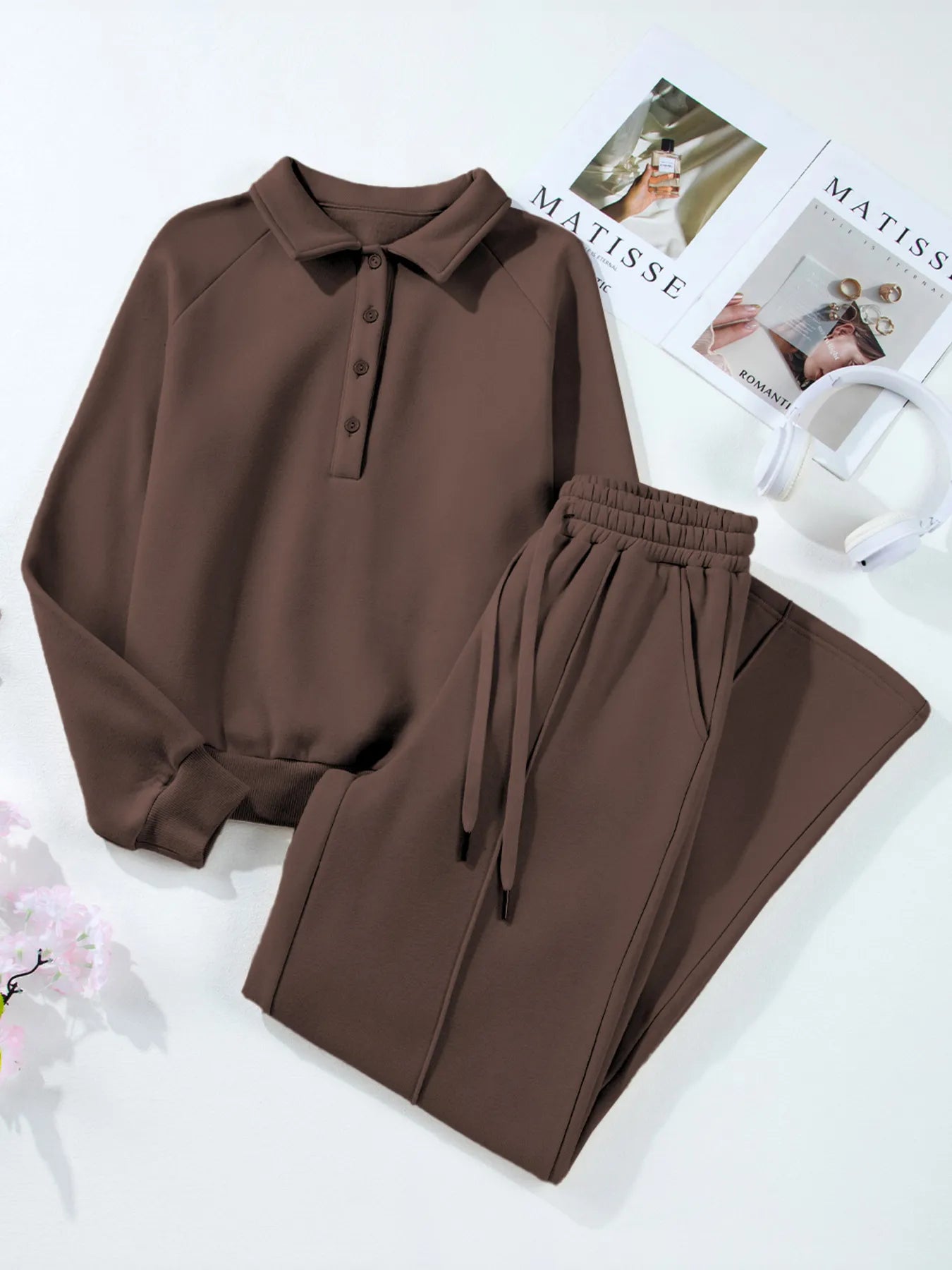 Cotton Blend Collared Sweatshirt Wide Leg Sweatpants Set Trendsi