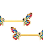 14G 9/16 Red Blue Gem Gold Tone Butterfly Barbell Nipple Ring Set