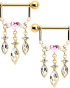 14G 9/16 Pink Gem Gold Tone Heart Triple Dangle Nipple Ring Set