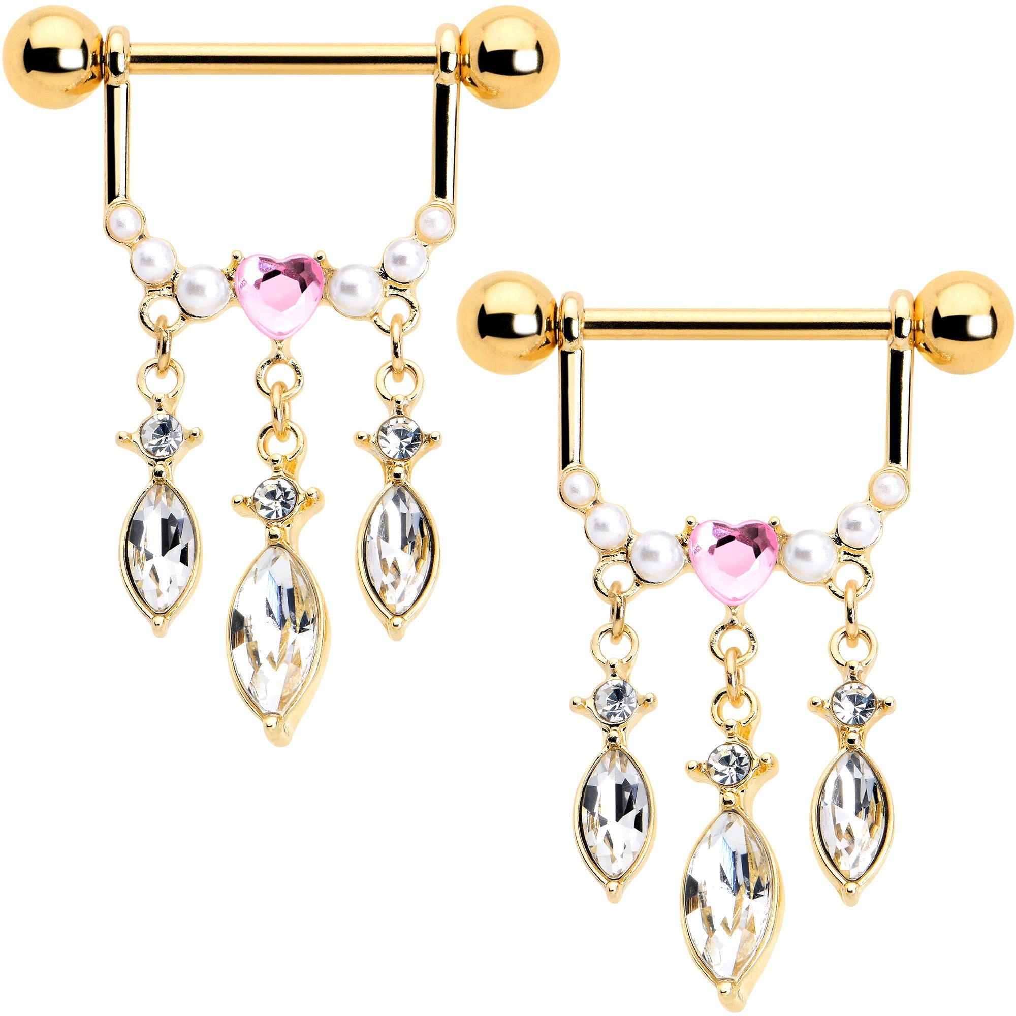14G 9/16 Pink Gem Gold Tone Heart Triple Dangle Nipple Ring Set
