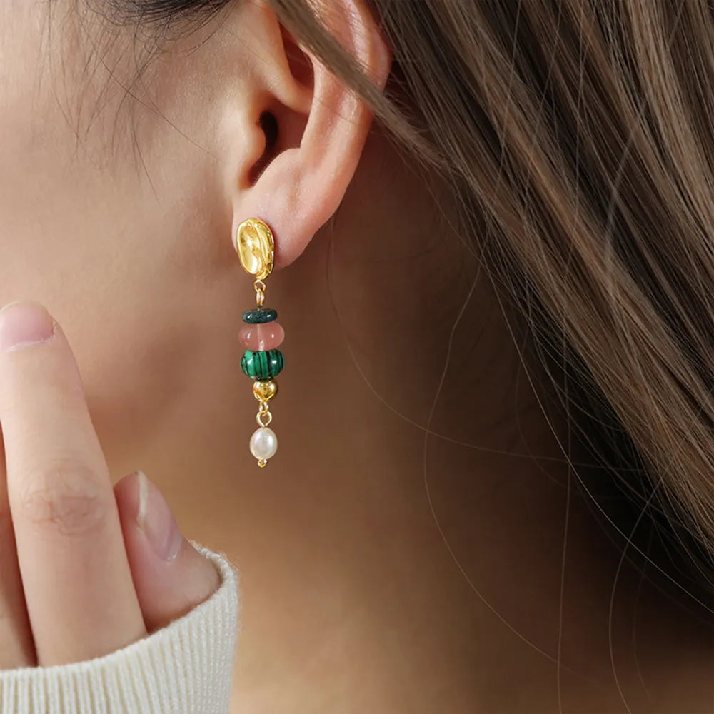 Freshwater Pearl & Natural Stone Dangle Earrings Green One Size Earrings Trendsi