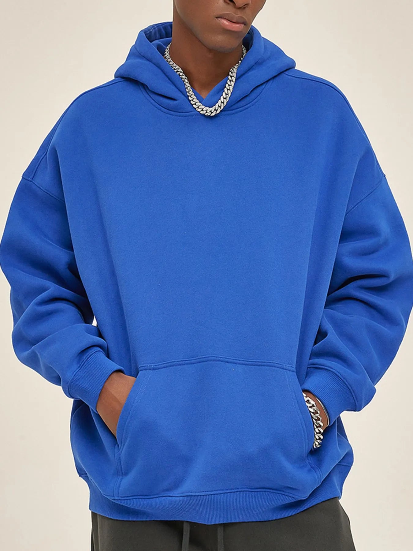 Mens Oversized Cotton Blend Pocket Hoodie Royal Blue Trendsi