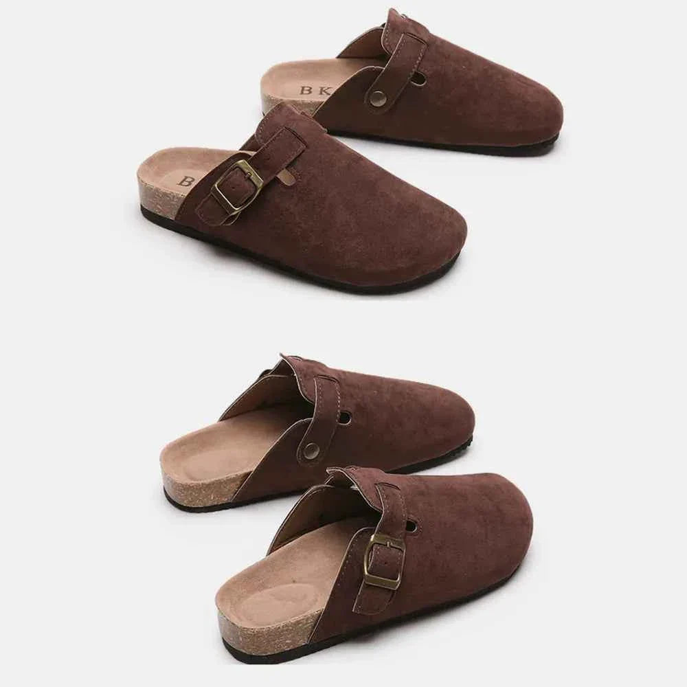 Flat Comfy Suede Buckle Clogs