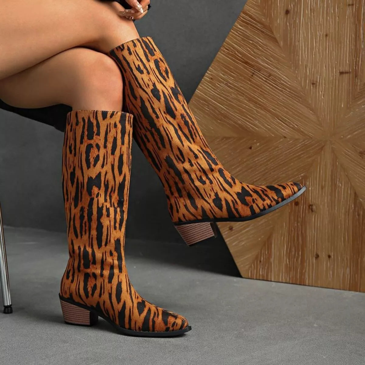 Leopard Print Point Toe Short Block Knee High Boots Leopard Shoes Trendsi