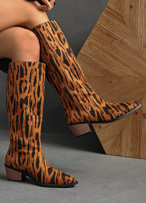 Leopard Print Point Toe Short Block Knee High Boots Leopard Shoes Trendsi