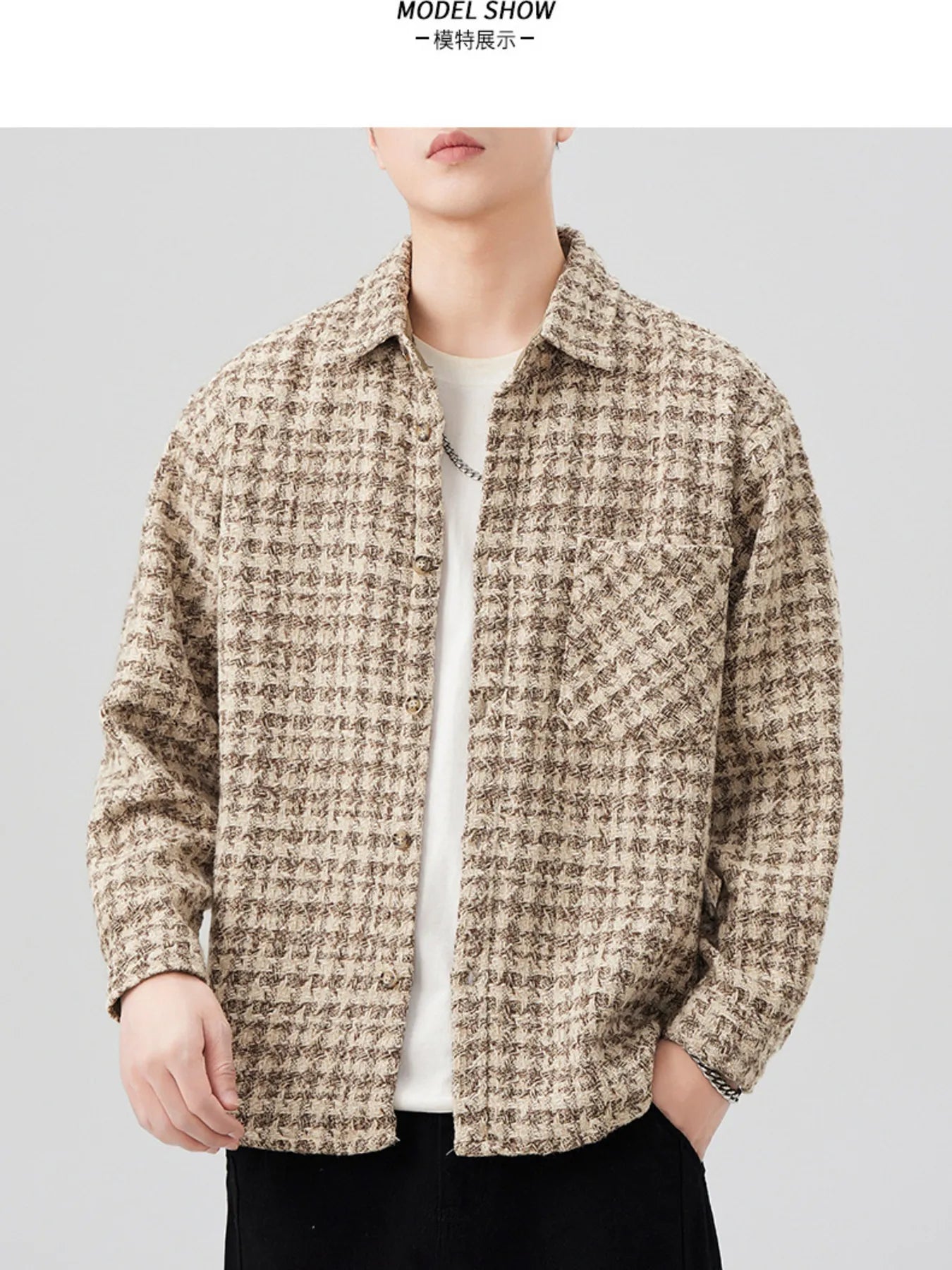 Mens Lattice Pattern Cotton Blend Shacket Apricot overshirt Trendsi