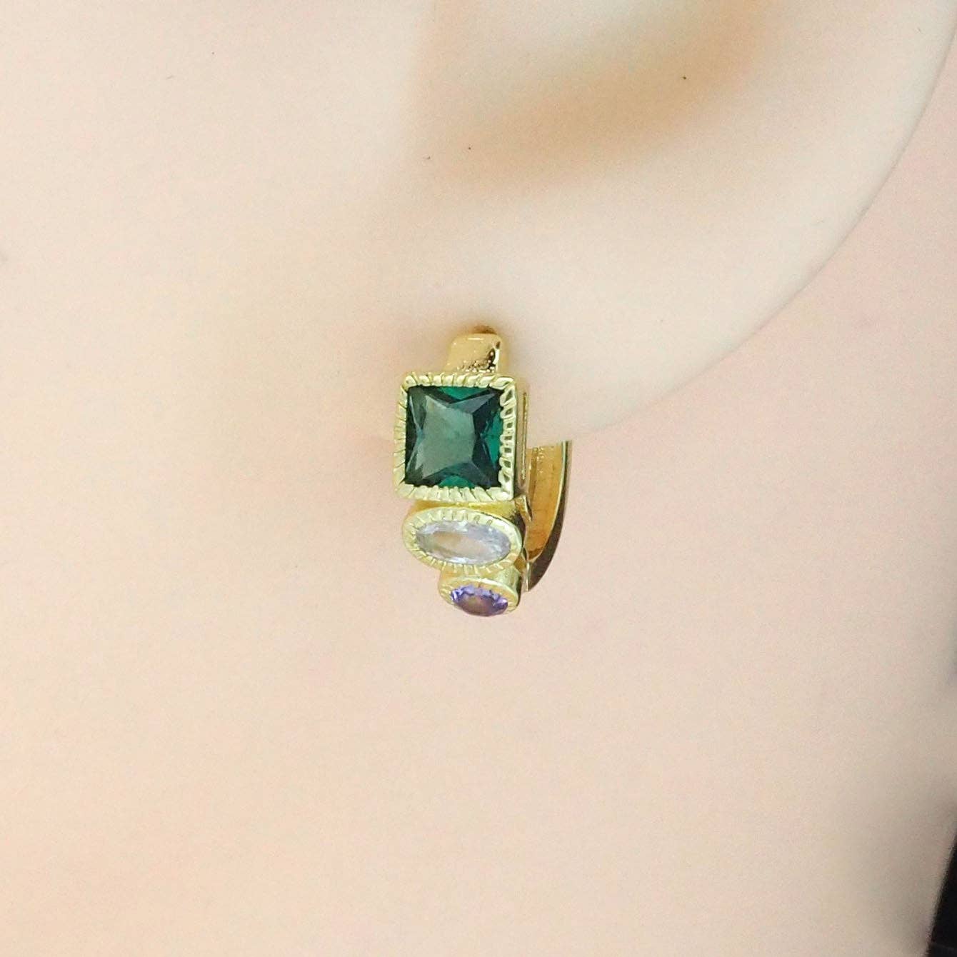 Gold Colorful Oval Square Round CZ Huggie Earrings, Sku#Y812