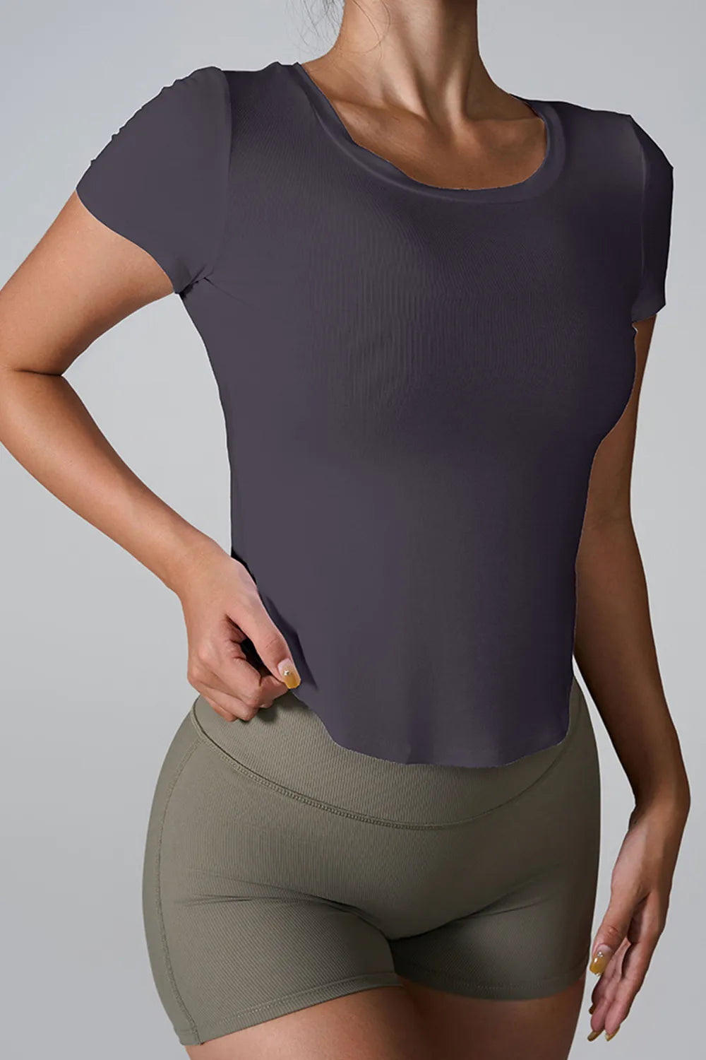 Cutout Round Neck Short Sleeve Active T-Shirt Dark Gray Trendsi