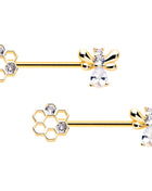 14G 9/16 Clear CZ Gem Gold Tone Bee Hive Luv Barbell Nipple Ring Set