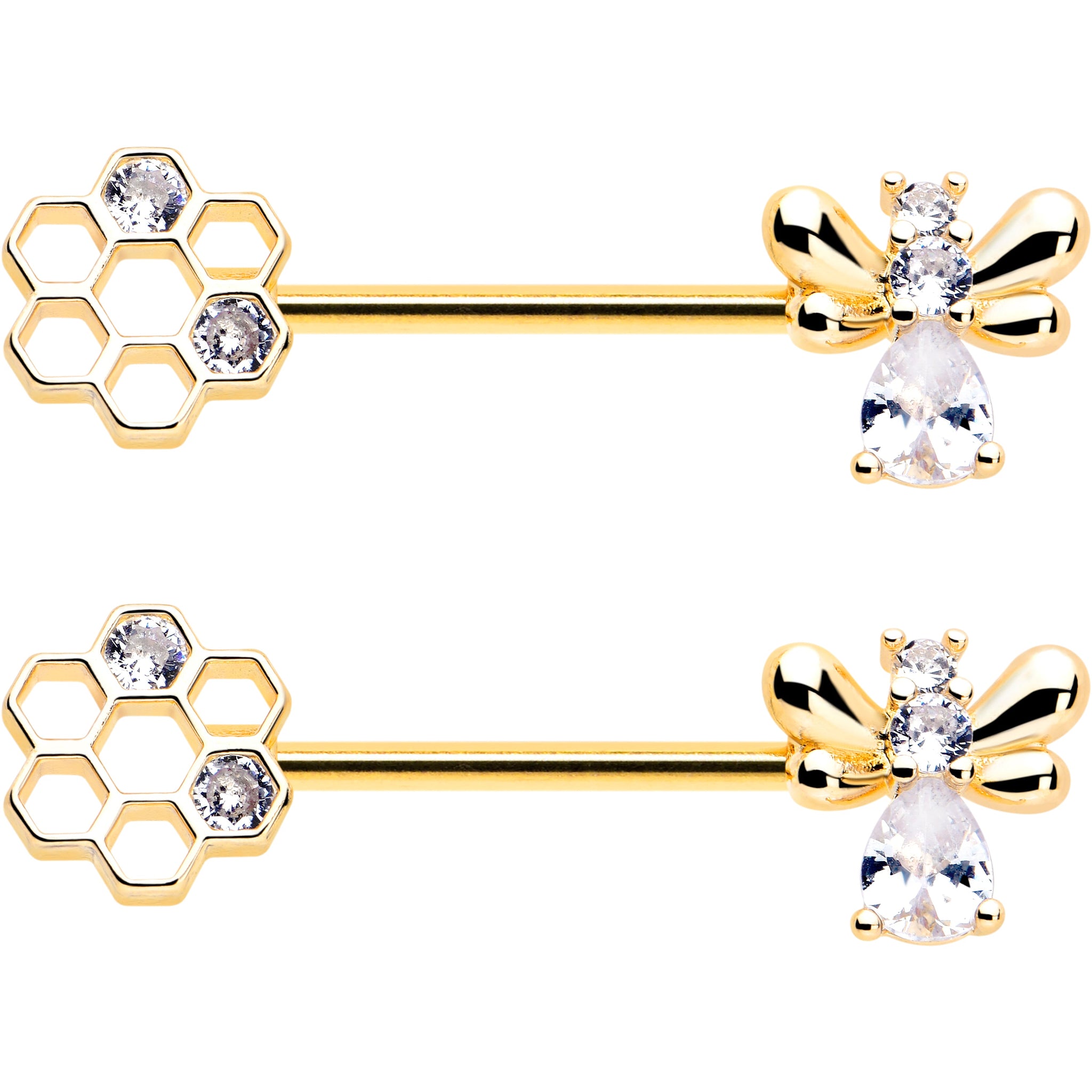 14G 9/16 Clear CZ Gem Gold Tone Bee Hive Luv Barbell Nipple Ring Set