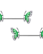 14G 9/16 Clear CZ Gem Butterfly Green Barbell Nipple Ring Set