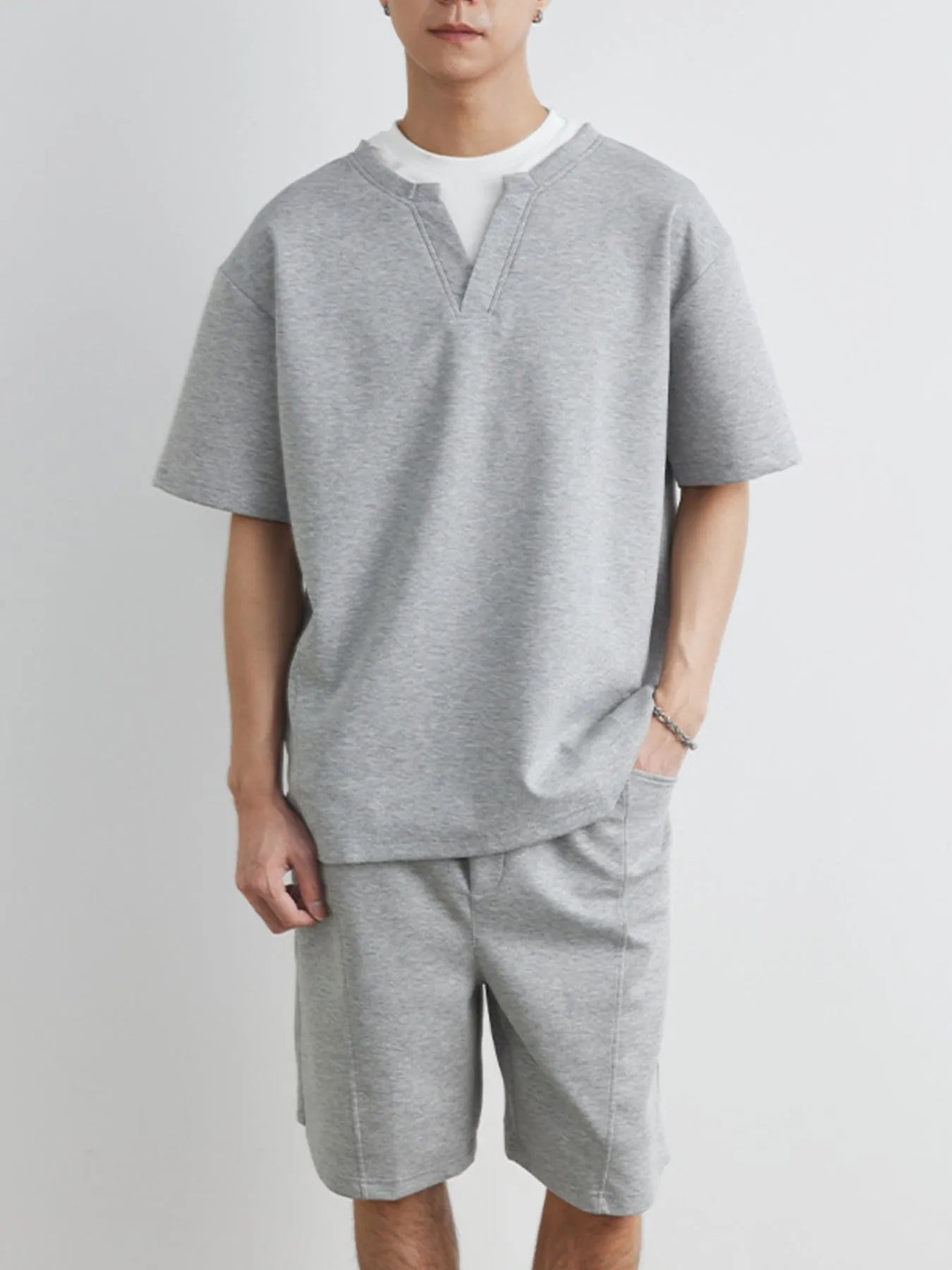 Mens Half Sleeve Top & Shorts Set Light Gray Loungewear Trendsi