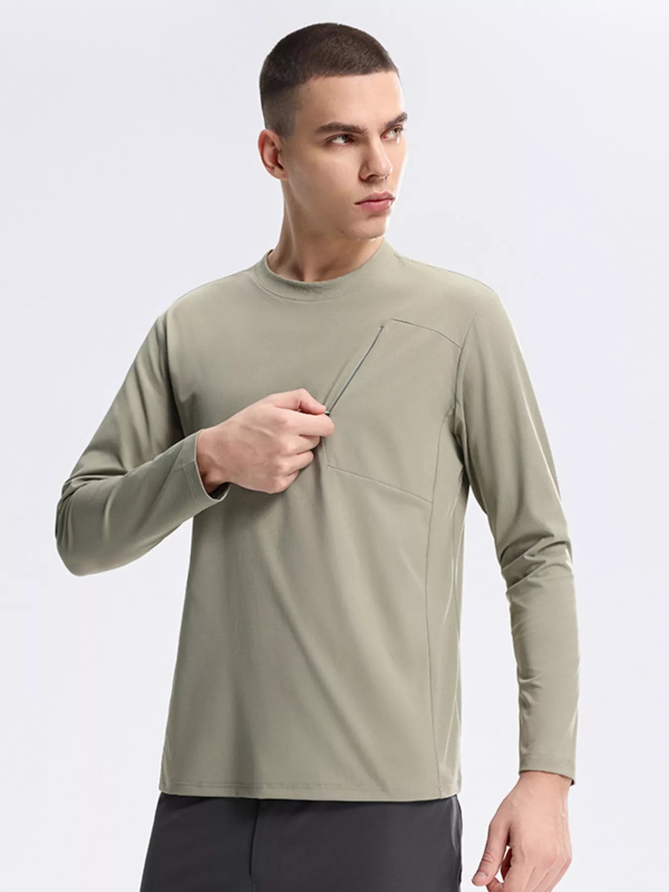 Men's Active Long Sleeve with Front Zipper Pocket Cotton& Spandex Bean Green Trendsi