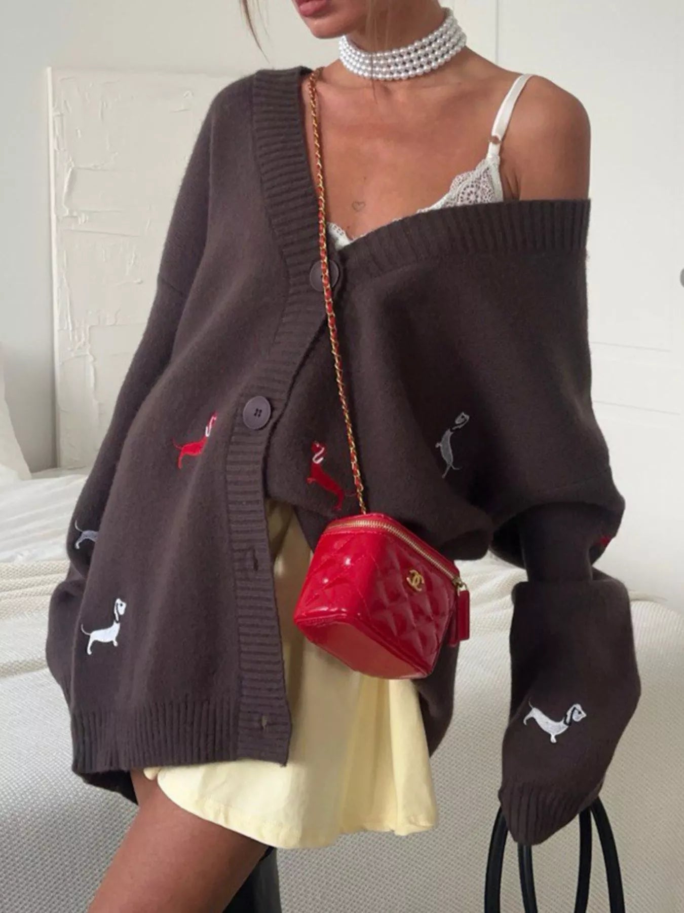 Embroidered Dachshund Button Up Cardigan Knitwear Trendsi
