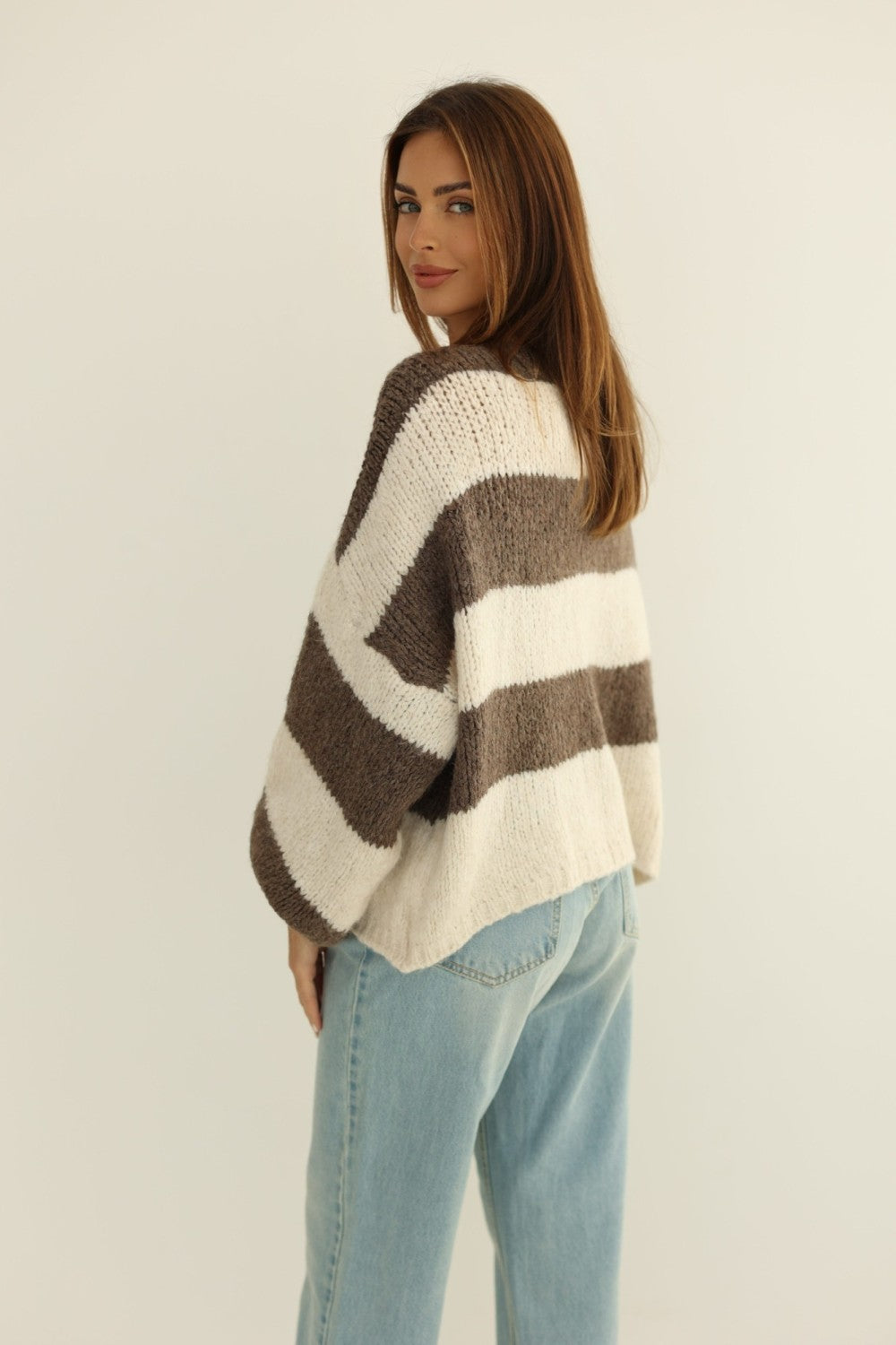Coffee Striped Tie-Front Knit Cardigan cardigan Trendsi
